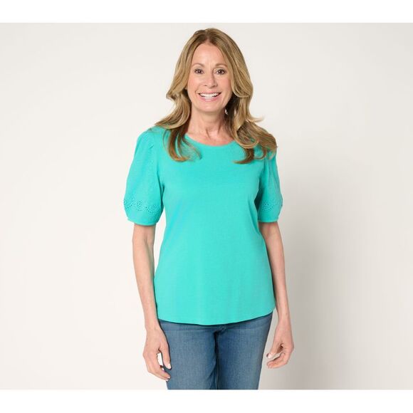 Denim & Co. Tops - Denim & Co. Women's Top Sz L 100% Cotton Embroidered Puff Sleeve Green A692004